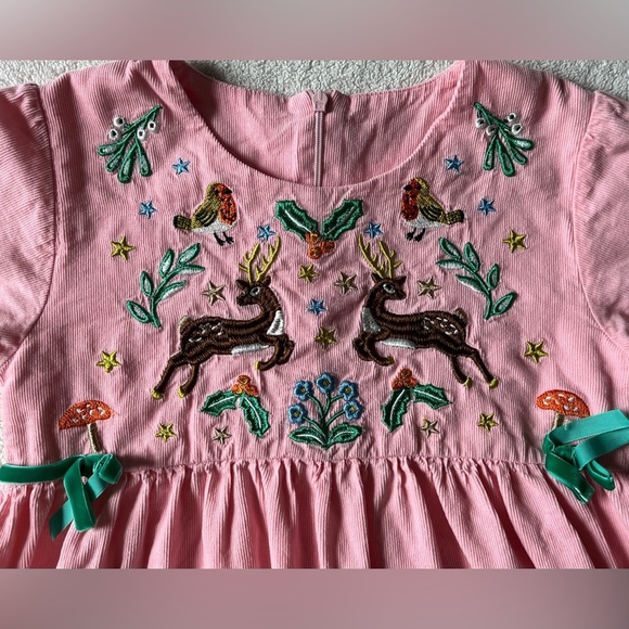 Pink Corduroy Dress w Applique Forest Animals. Deer Birds Mushroom. Girl sz 7 - Picture 3 of 6